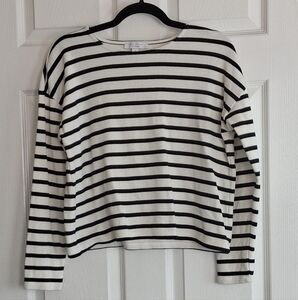 Ann Taylor Ivory Black Stripe Boatneck 100% Cotton Long Sleeve Sweater